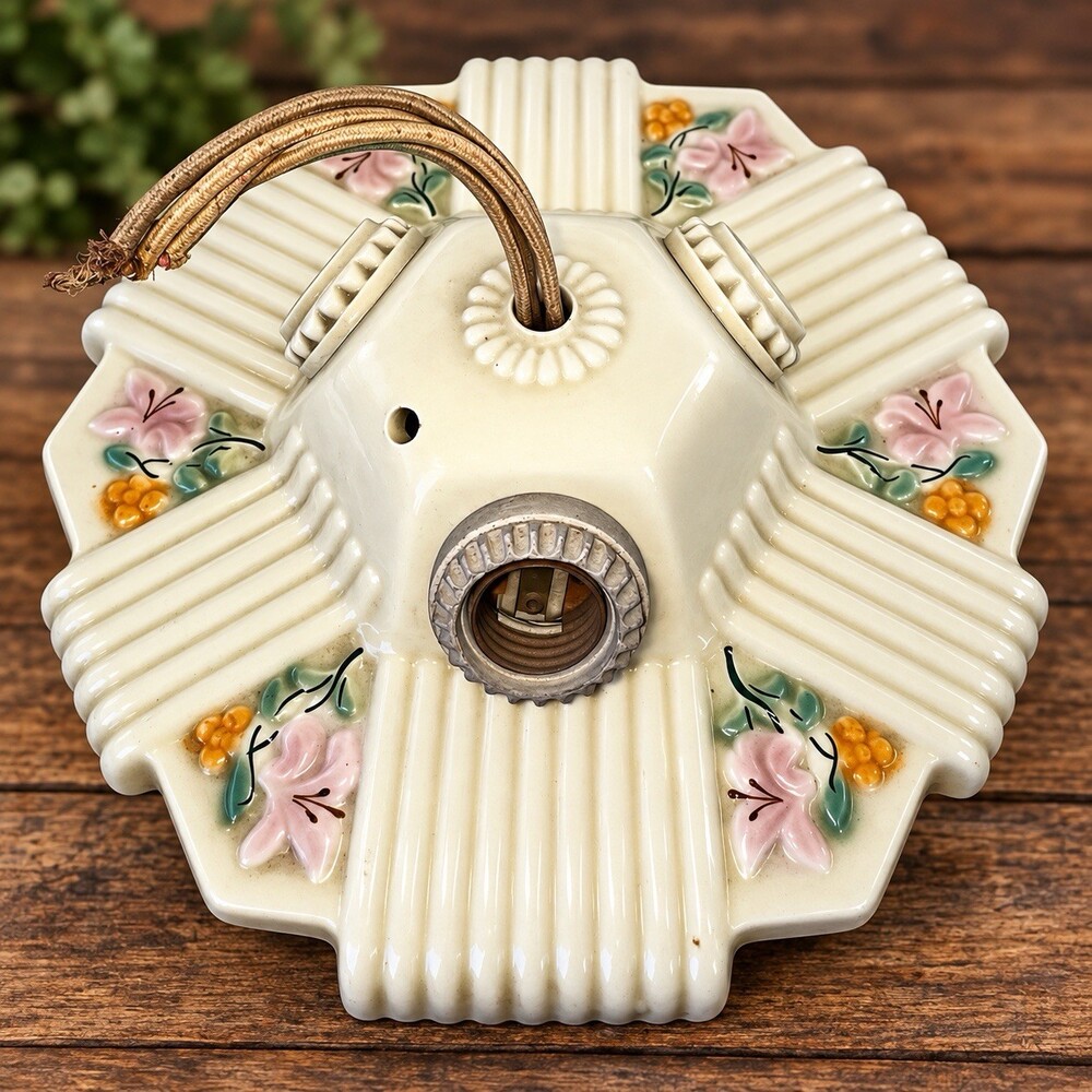 Vintage 1930s Art Deco Porcelain Ceiling Light Fixture Floral 3 Socket Antique